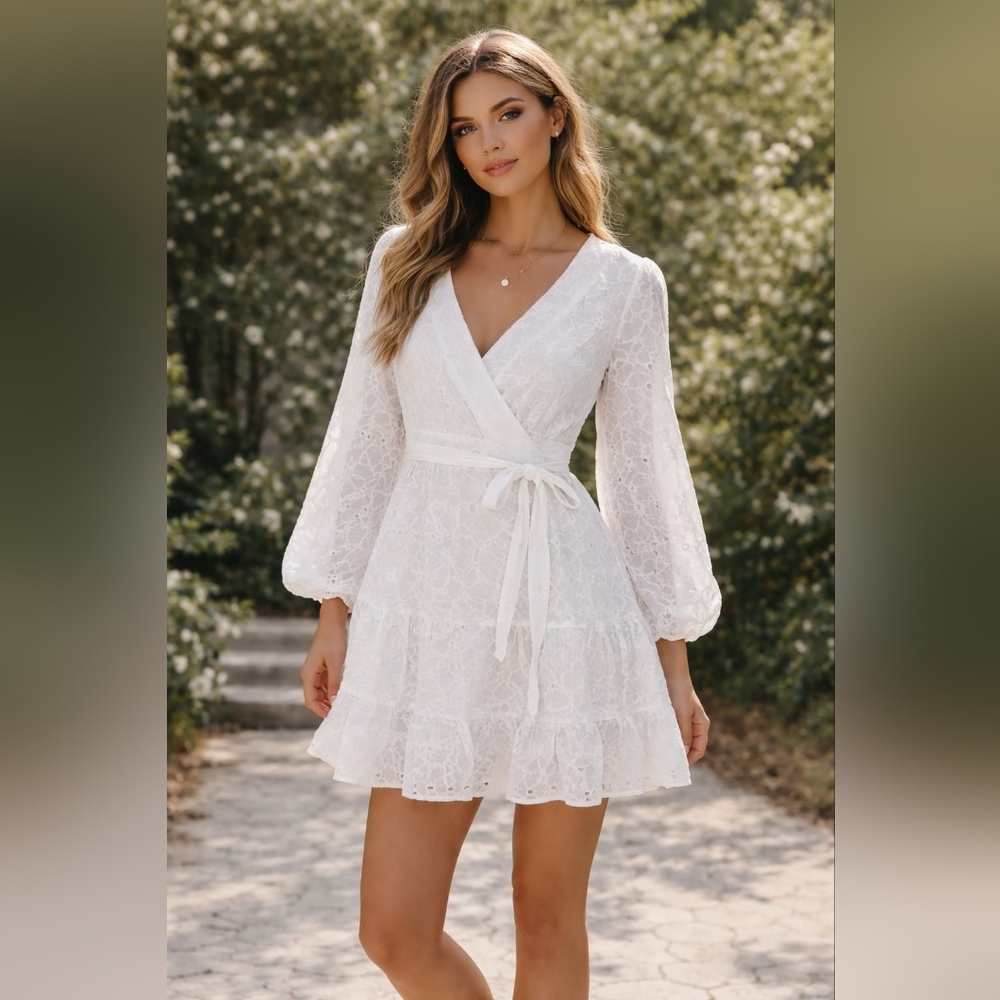 Premier Amour White Lace Tie-Waist Dress Size 8 Long Sleeve Off-White Elegant De